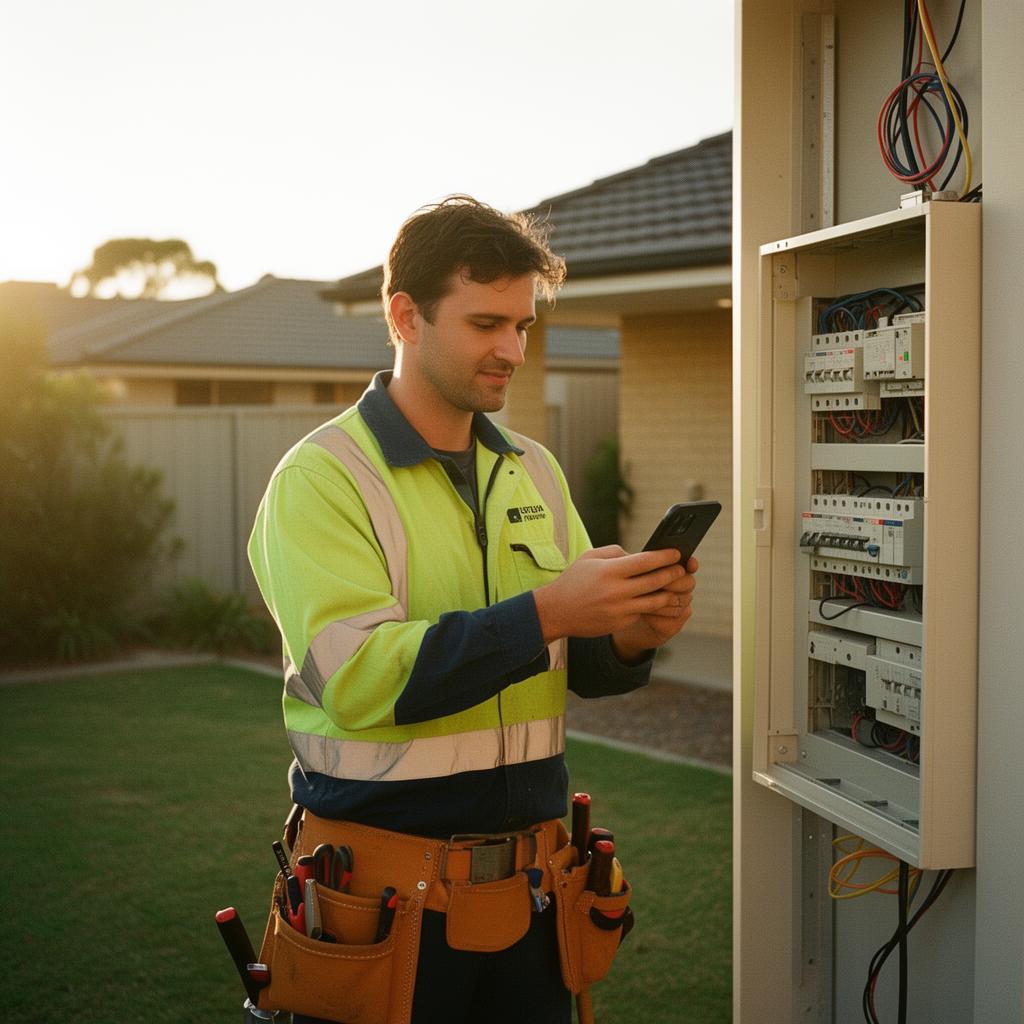 A tradesperson reviewing a job on their phone at a residential work site